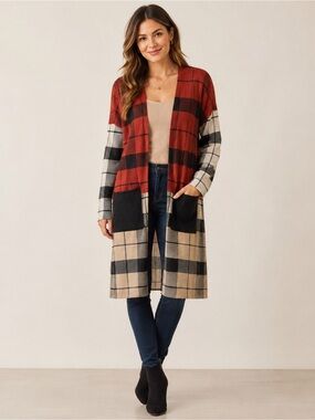 BIBI Plaid Open Front Long Cardigan Fall Duster Black Pockets Women NWOT Medium
